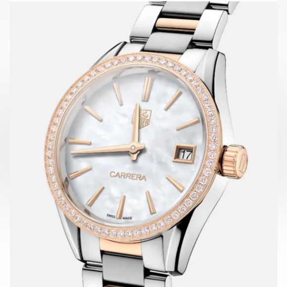 Tag Heuer Carrera 32mm White Mother of Pearl with Diamond Bezel in Rosegold main image 7